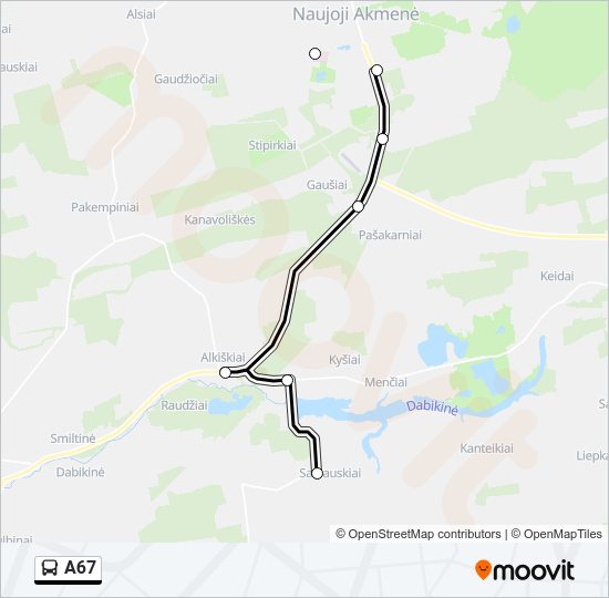 A67 autobusas kelionės žemėlapis