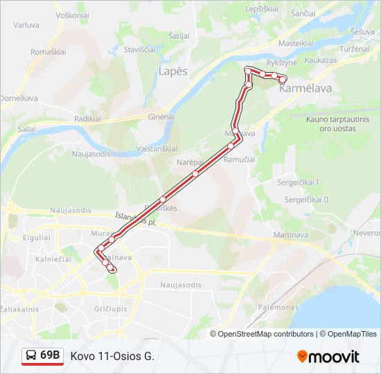 69B autobusas kelionės žemėlapis