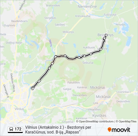 172 autobusas kelionės žemėlapis