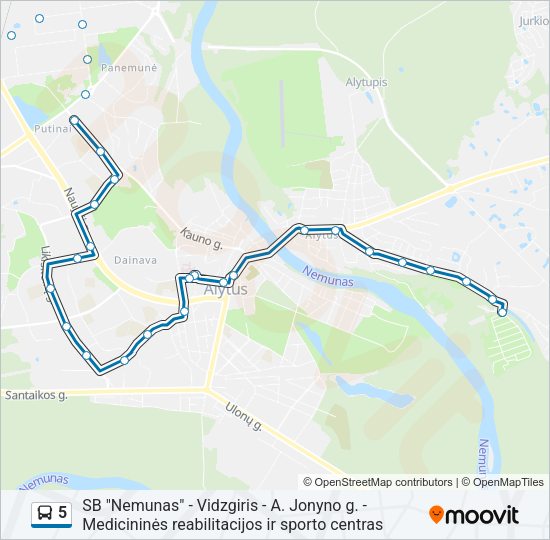 5 autobusas kelionės žemėlapis
