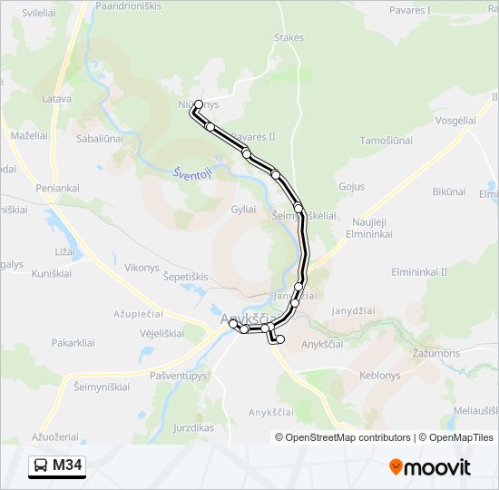 M34 autobusas kelionės žemėlapis