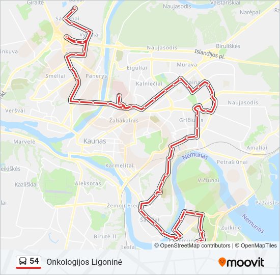 54 autobusas kelionės žemėlapis