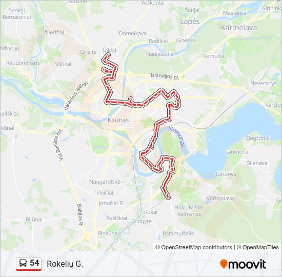 54 autobusas kelionės žemėlapis