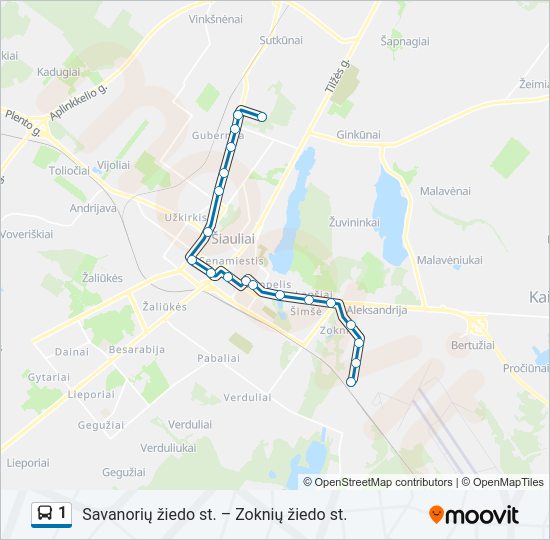 1 autobusas kelionės žemėlapis