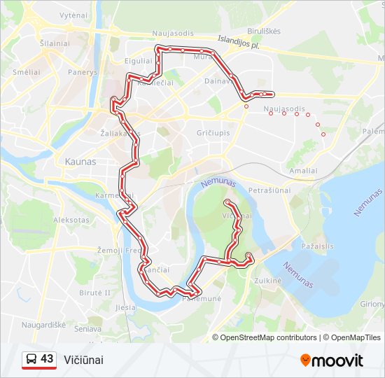 43 autobusas kelionės žemėlapis