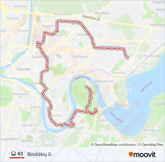 43 autobusas kelionės žemėlapis
