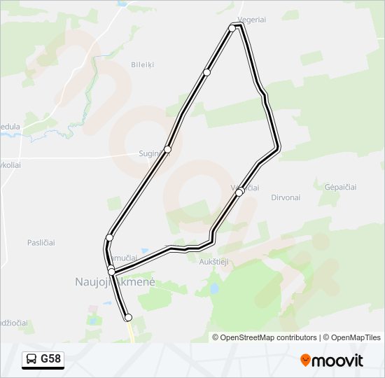 G58 autobusas kelionės žemėlapis