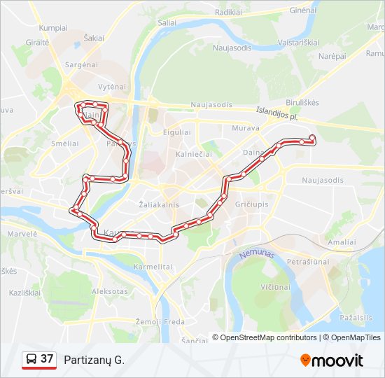 37 autobusas kelionės žemėlapis