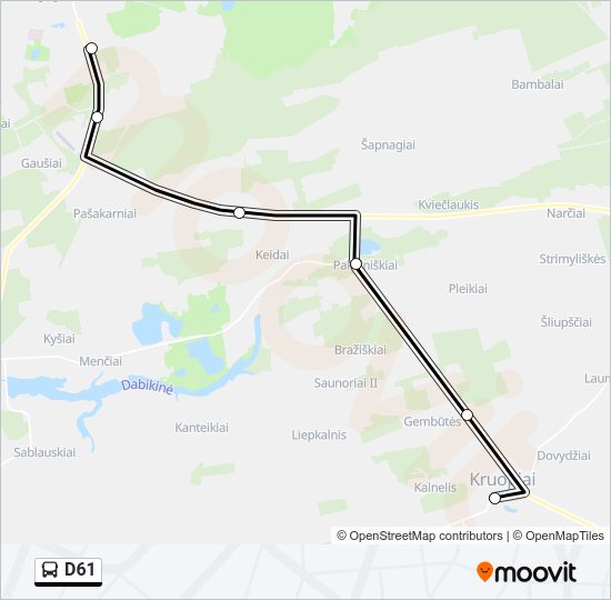 D61 autobusas kelionės žemėlapis