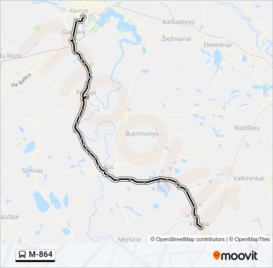 M-864 autobusas kelionės žemėlapis