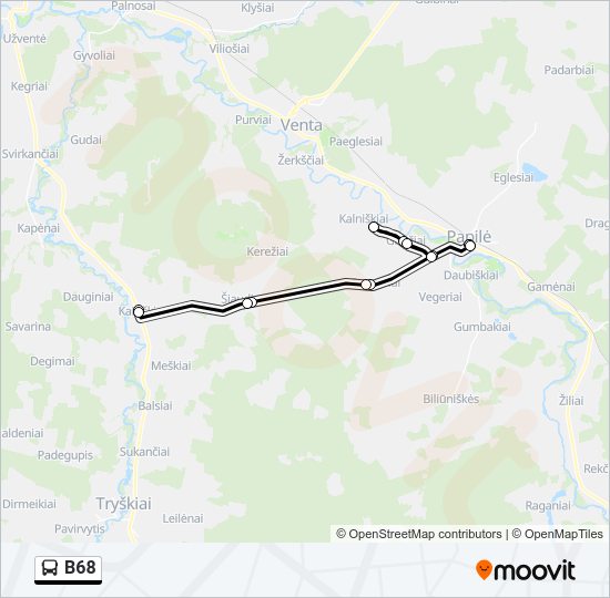 B68 autobusas kelionės žemėlapis