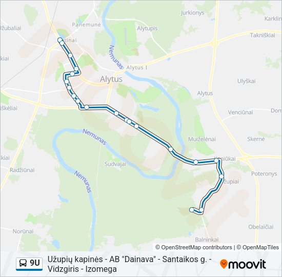 9U autobusas kelionės žemėlapis