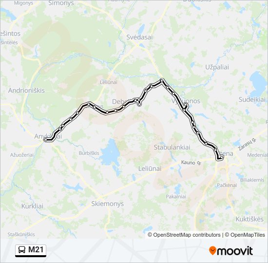 M21 autobusas kelionės žemėlapis