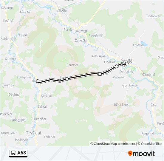 Автобус A68: карта маршрута