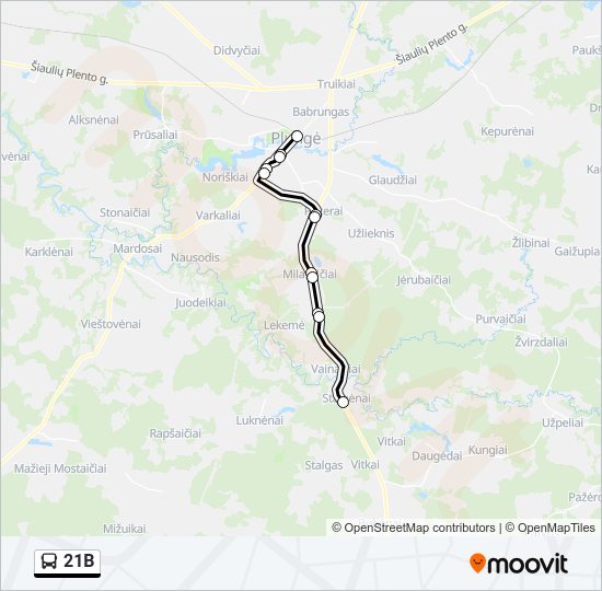 21B autobusas kelionės žemėlapis
