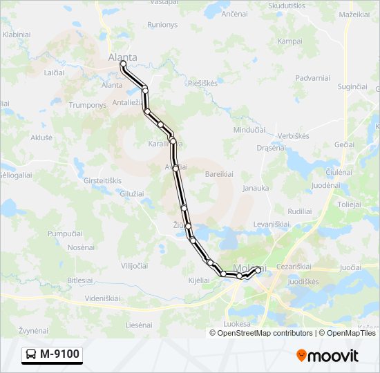 M-9100 autobusas kelionės žemėlapis