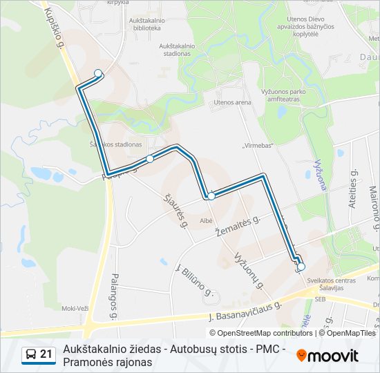 21 autobusas kelionės žemėlapis