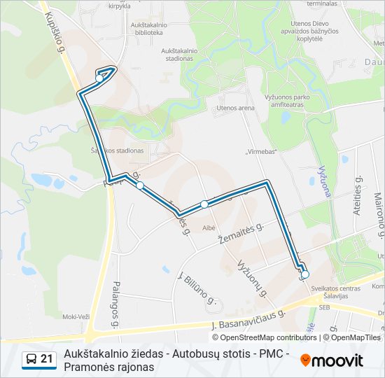 21 autobusas kelionės žemėlapis
