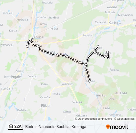 22A autobusas kelionės žemėlapis