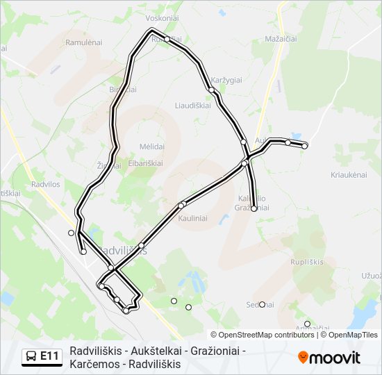 E11 autobusas kelionės žemėlapis