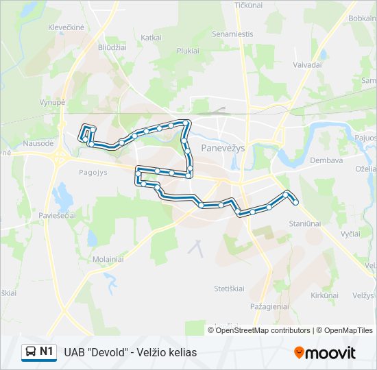 N1 autobusas kelionės žemėlapis