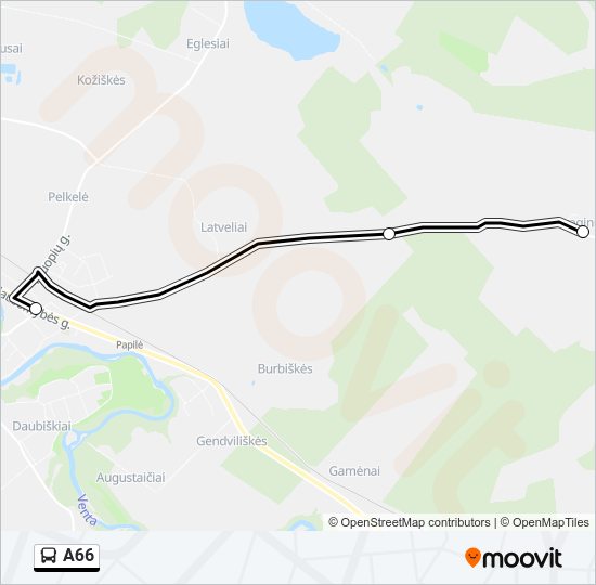 A66 autobusas kelionės žemėlapis