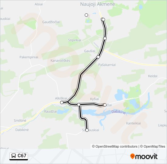 C67 autobusas kelionės žemėlapis