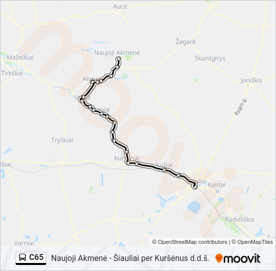 C65 autobusas kelionės žemėlapis