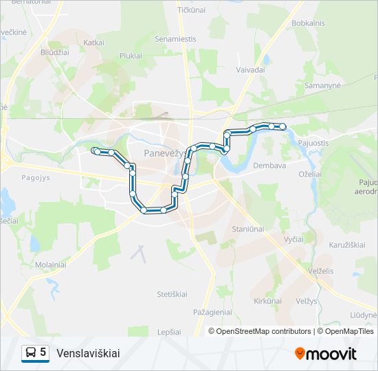 5 autobusas kelionės žemėlapis
