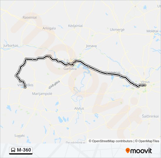 M-360 autobusas kelionės žemėlapis