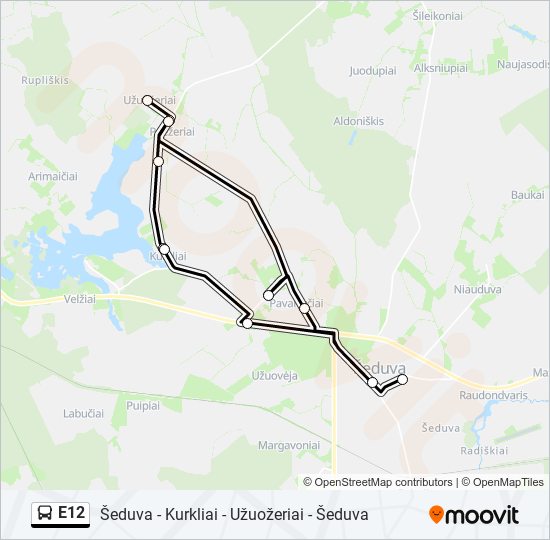 E12 autobusas kelionės žemėlapis