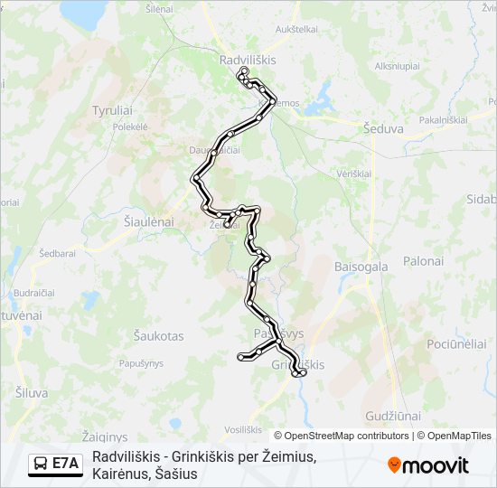 E7A autobusas kelionės žemėlapis