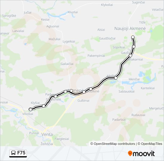 F75 autobusas kelionės žemėlapis