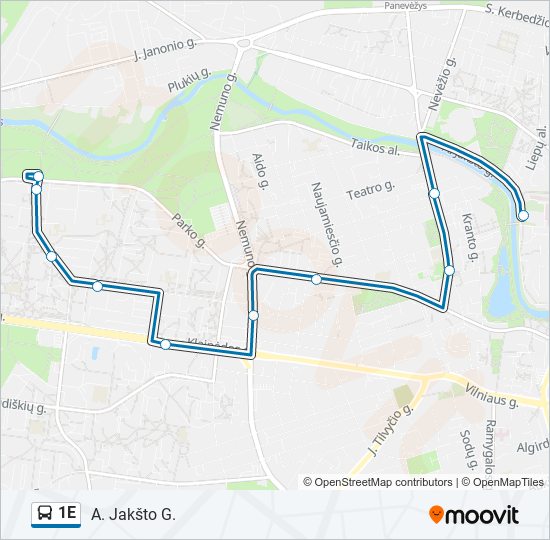1E autobusas kelionės žemėlapis