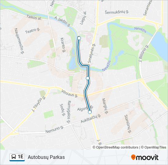 1E autobusas kelionės žemėlapis