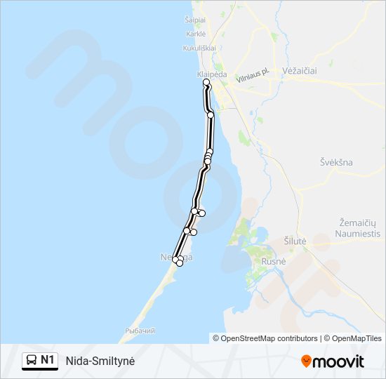 N1 autobusas kelionės žemėlapis