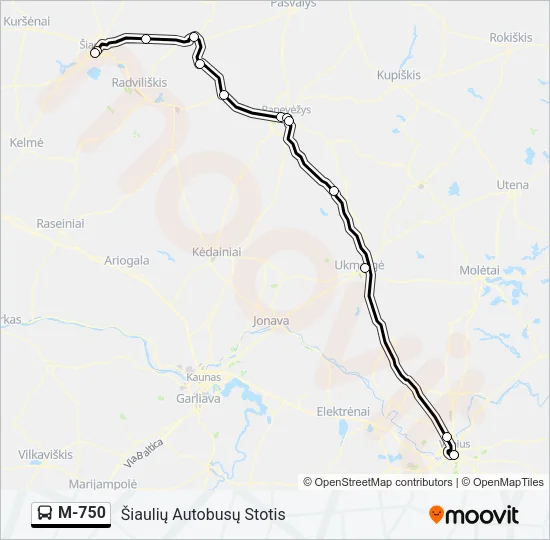 M-750 autobusas kelionės žemėlapis