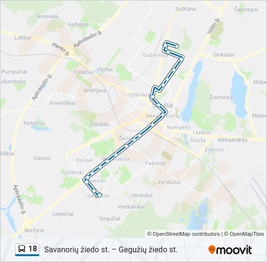 18 autobusas kelionės žemėlapis