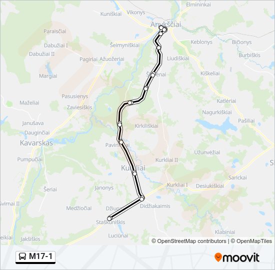M17-1 autobusas kelionės žemėlapis