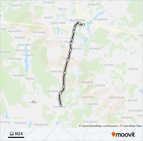 N24 autobusas kelionės žemėlapis