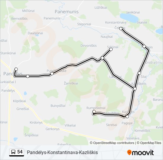 54 autobusas kelionės žemėlapis