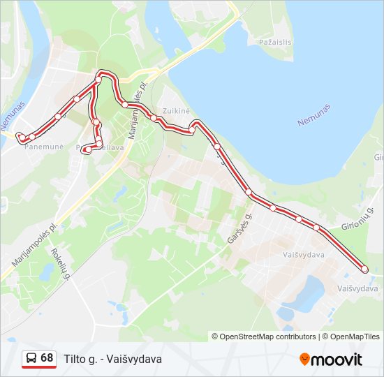 68 autobusas kelionės žemėlapis