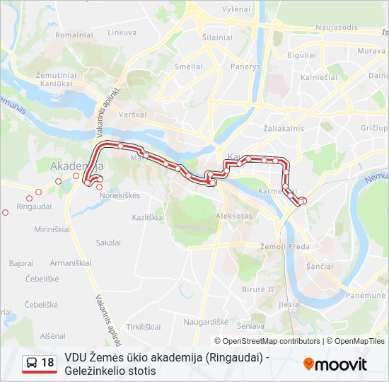 18 autobusas kelionės žemėlapis
