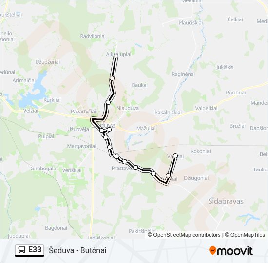 E33 autobusas kelionės žemėlapis