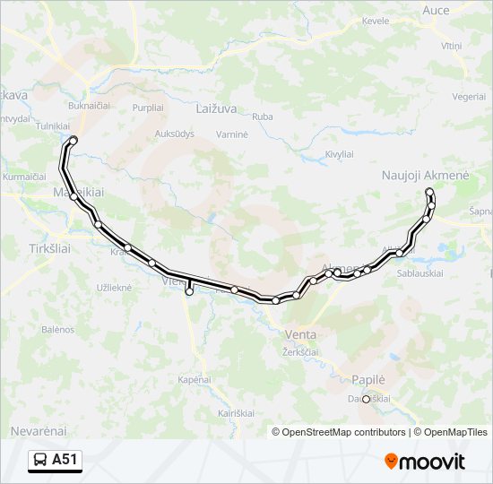 A51 autobusas kelionės žemėlapis