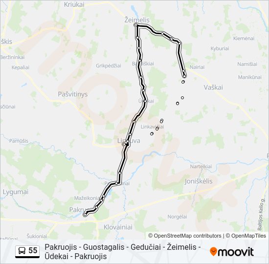 55 autobusas kelionės žemėlapis