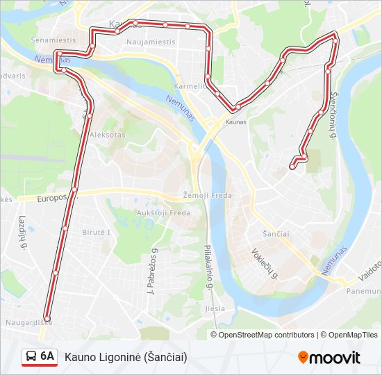 6A autobusas kelionės žemėlapis