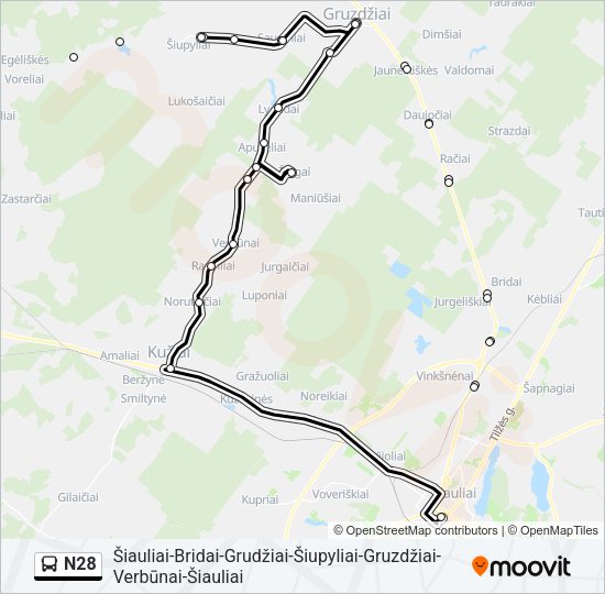 N28 autobusas kelionės žemėlapis