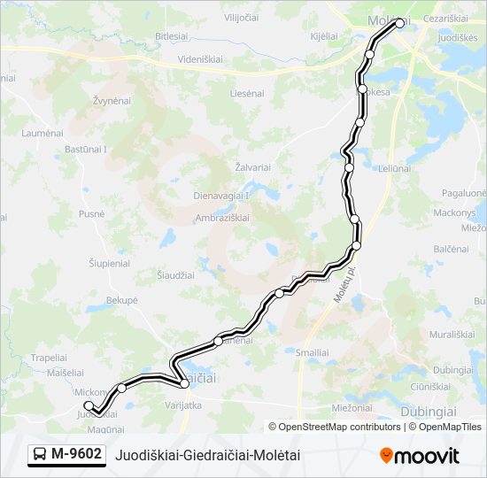 M-9602 autobusas kelionės žemėlapis