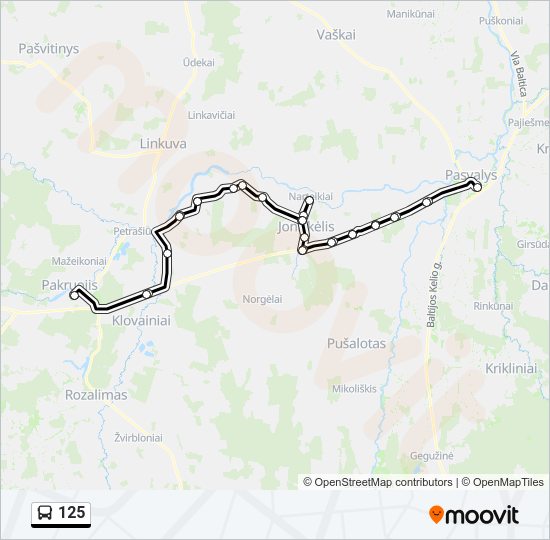 125 autobusas kelionės žemėlapis